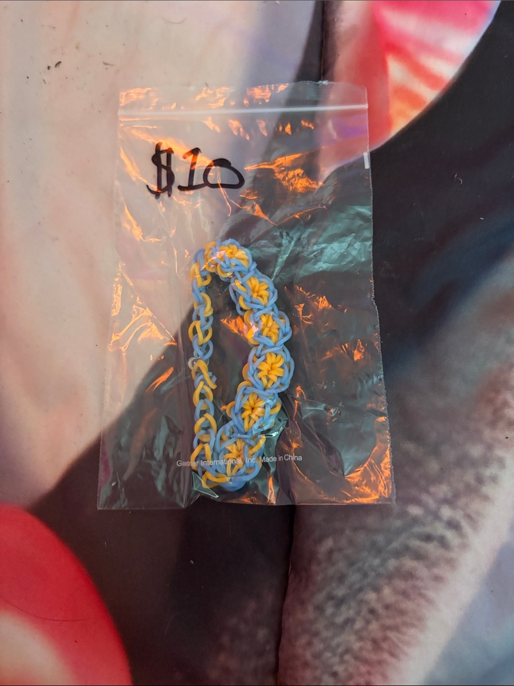Handmade Blue and neon orange Flower Rubber Band Bracelet